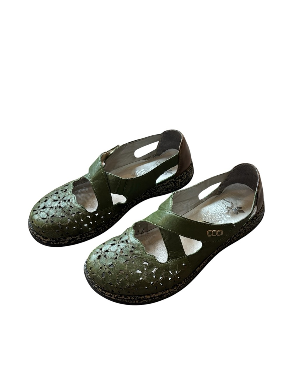 Rieker Anti Stress Green laser cut Leather Mary Jane Flats cottagecore Lagenlook